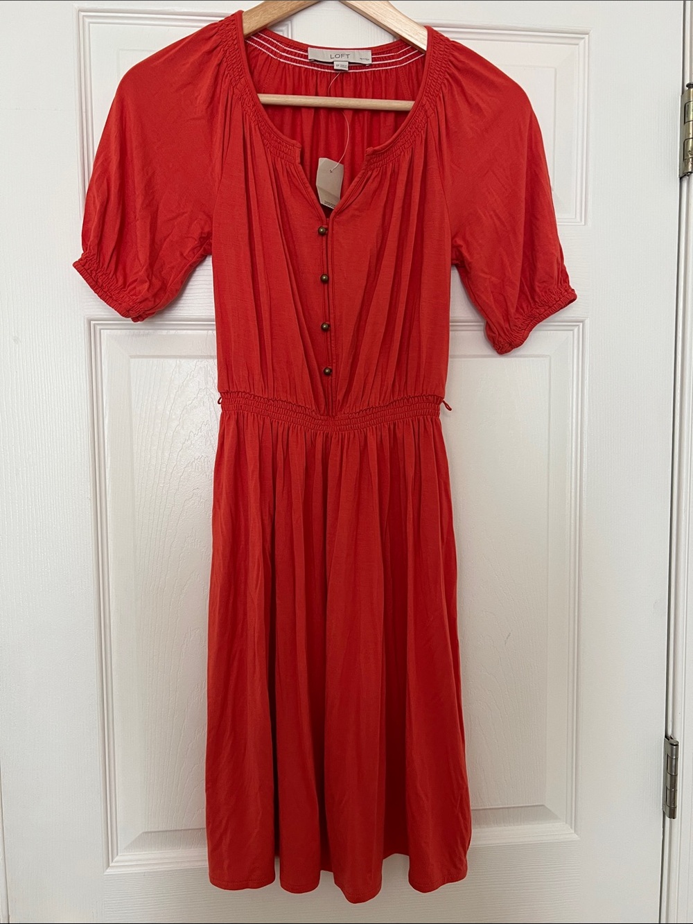 LOFT Coral Button-Front Smocked Dress